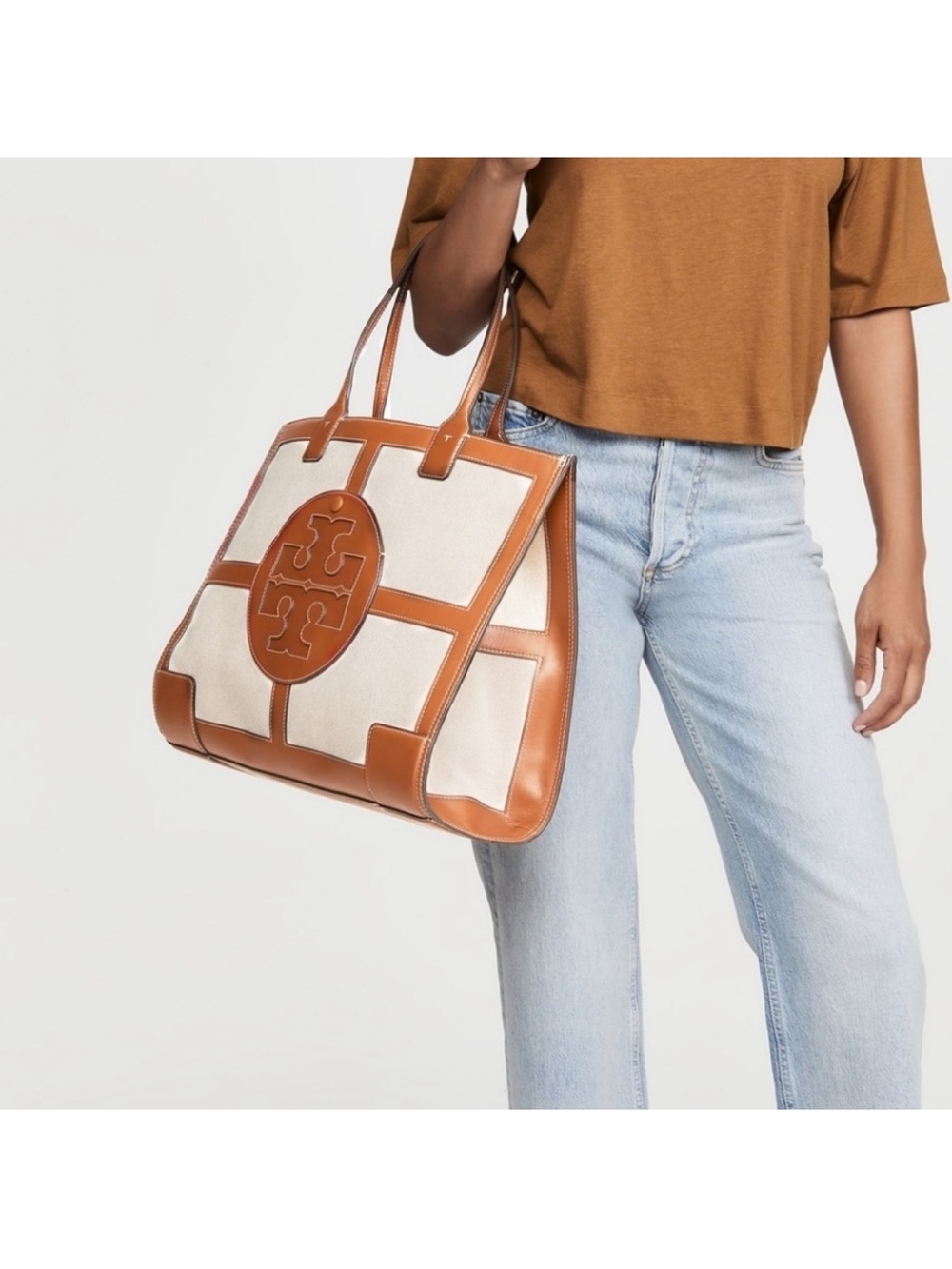 Tory Burch Cream Canvas Tote with Tan Leather Trim